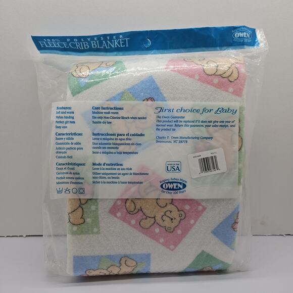 Owen fleece crib blanket 100% polyester blue and pink 36" x 45" Vintage NOS - Picture 2 of 2